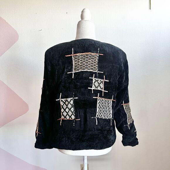 Vintage Julia Kim Black Patchwork Jacket Boho Artsy Art To Wear Retro Medium - Picture 2 of 5